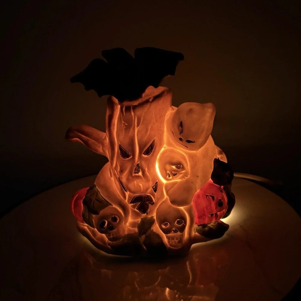 Vintage Halloween Tree Porcelain Night Light Pumpkin Skull Crow Works